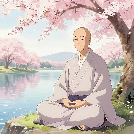 Anime-style illustration of a bald, meditating man in a white kimono, seated by a serene pond with cherry blossom trees.