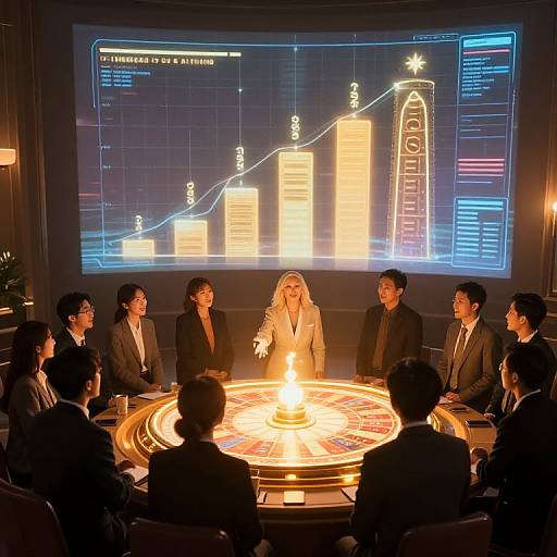 Photograph of a business meeting around a glowing circular table, illuminated by a candle, with a financial projection display behind. Diverse professionals in suits,