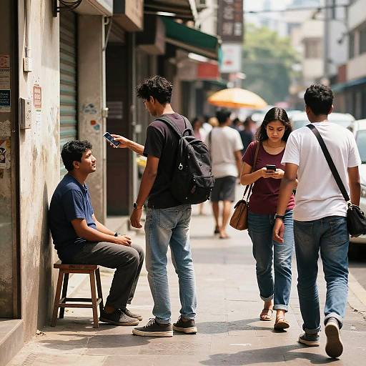 Photograph of four young Asian men and one woman walking on a sunlit, busy urban sidewalk, with one man seated against a wall. Bright umb