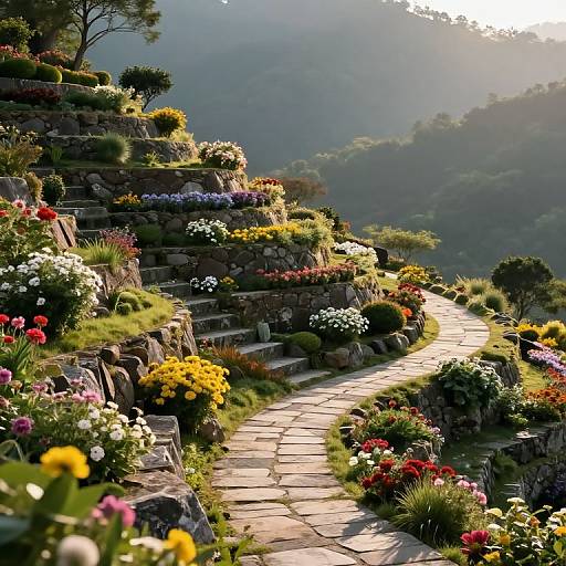 Photograph of a sunlit, stone pathway winding through colorful, terraced gardens with vibrant flowers, greenery, and a misty mountain backdrop.