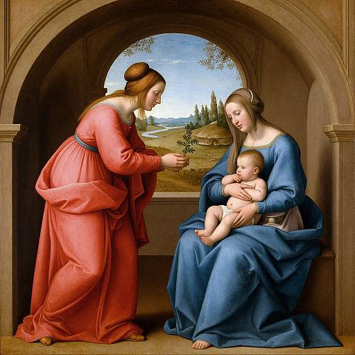 Renaissance painting of Virgin Mary in blue, holding baby Jesus, while Saint Anne in red offers a thorn to Mary. Archway backdrop,
