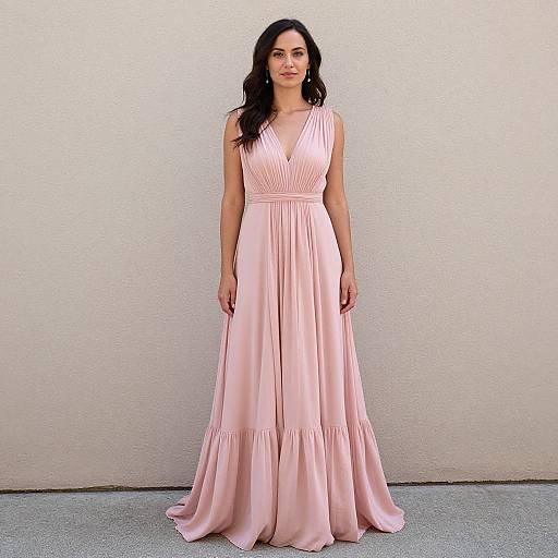 Photograph of a woman with long black hair in a sleeveless, pink, V-neck, floor-length gown with pleated bodice and ruffled