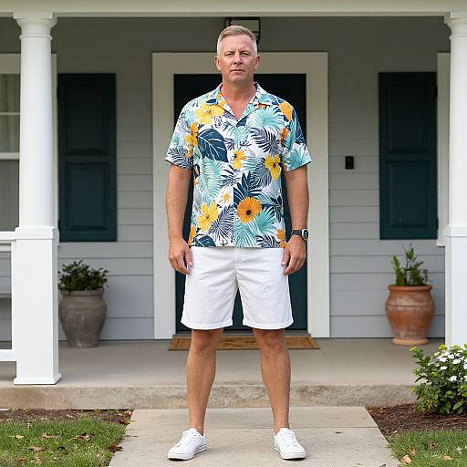 Photograph of a middle-aged man with short gray hair, wearing a colorful Hawaiian shirt, white shorts, and white sneakers, standing on a porch with