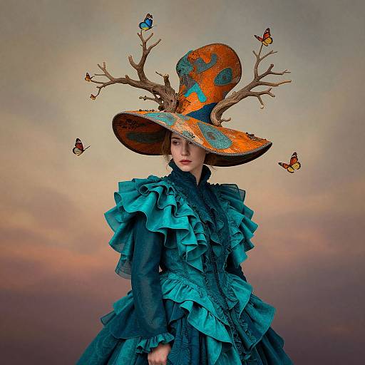 Photograph of a pale-skinned woman in a ruffled teal dress, wearing an ornate, orange and blue hat with tree branches and butterflies,