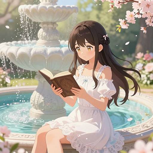 Anime-style digital artwork of a young woman with long black hair, wearing a white lace dress, reading a book by a sunlight-dappled, orn