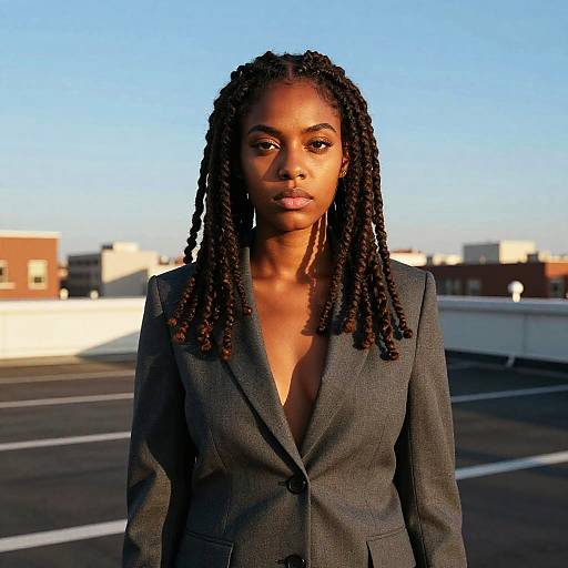 Photograph of a serious Black woman with long dreadlocks, wearing a gray blazer with a deep V-neck, standing on a rooftop against a clear