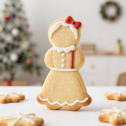 Photograph of a gingerbread person cookie with white icing, red bow, and white details, standing on a white surface with blurred Christmas background.