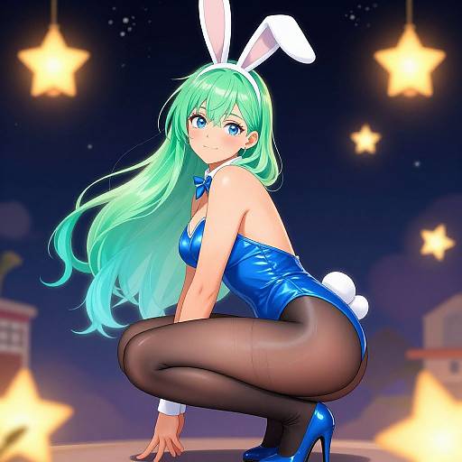 Anime-style digital drawing of a green-haired girl in a blue bunny suit, white bunny ears, black stockings, and blue heels, squatting under glowing