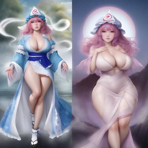 Saigyouji Yuyuko Character in Blue and Cream Kimonos