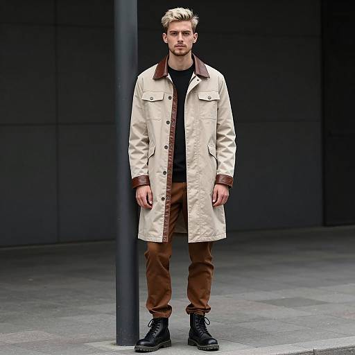 Young Man in Stylish Beige and Brown Coat