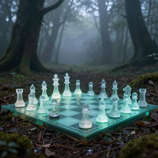 Ethereal Chessboard in Misty Forest