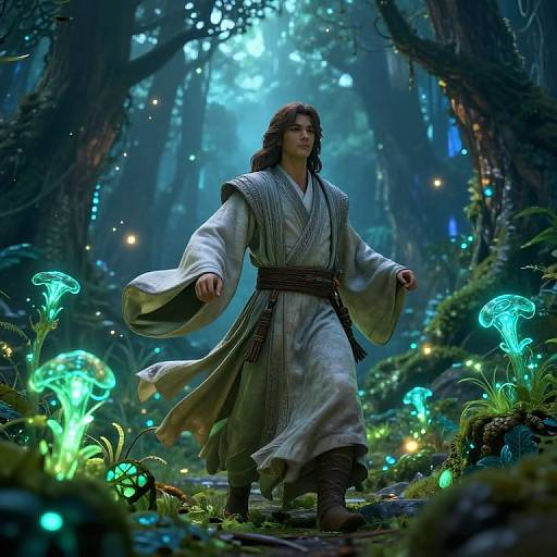 Digital fantasy artwork of a dark-haired man in flowing white robe with brown belt, surrounded by glowing blue mushrooms in a mystical forest.