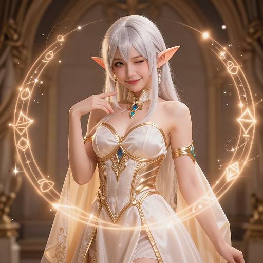 Digital art of a white-haired, elf-like woman with pointed ears, in a golden-trimmed white dress, winking, surrounded by glowing magical