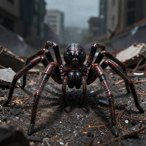 Photorealistic close-up of a shiny black spider with red-tinted legs, standing on a rubble-strewn urban street, blurred cityscape
