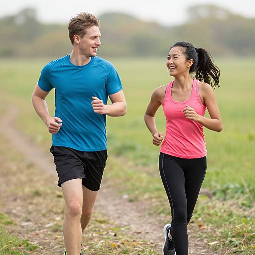 Photograph of a smiling white man in a blue shirt and black shorts, and an Asian woman in a pink tank top and black leggings, running together