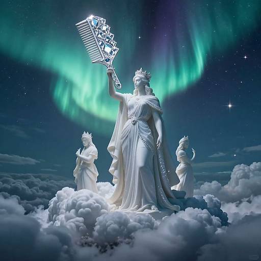 Photograph of a white, statuesque goddess holding a glowing, intricate staff, surrounded by smaller statues, under a vibrant green aurora, floating on