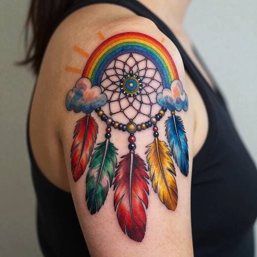 Vivid Rainbow Dreamcatcher Shoulder Tattoo
