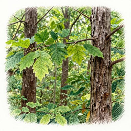 Photograph of a sunlit forest showcasing vibrant green leaves on a textured, brown tree trunk with blurred background of dense foliage.