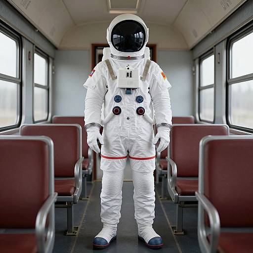 Photograph of an astronaut in a white spacesuit with black visor, standing in a deserted, sunlit train car with red seats.