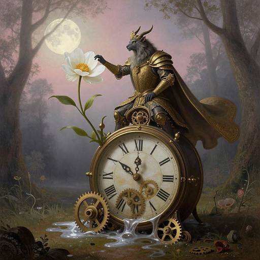 Digital fantasy artwork: armored, horned wolf figure with crown, holding glowing flower, sits on giant clock with gears, in misty forest.