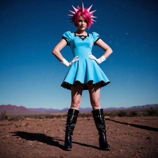 Cosplay Woman in Blue Dress with Pink Spiked Hair