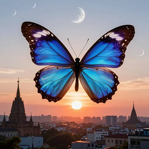 Photograph of a vibrant blue butterfly with black and white spots, silhouetted against a sunset sky with crescent moons, over a cityscape