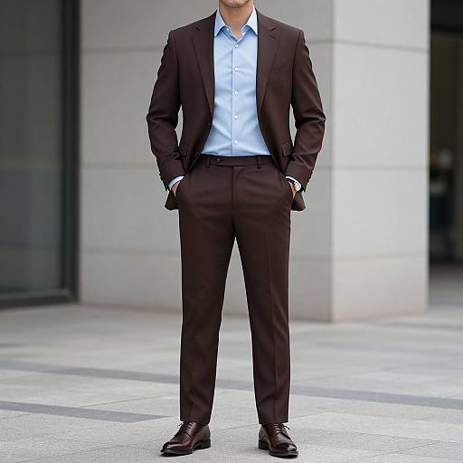 Photograph of a man in a dark brown suit, light blue shirt, black shoes, standing with hands in pockets, in front of a modern building
