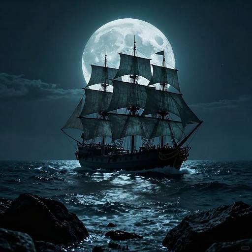 Ghostly Pirate Ship Under Green Moon