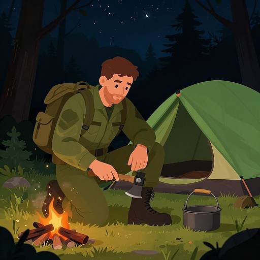 Digital illustration of a bearded man in green military uniform, black boots, and backpack, by campfire, tending to boots, green tent,