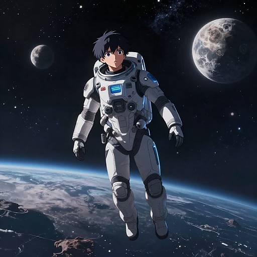 Digital illustration of a young, anime-style astronaut in a white spacesuit, floating in space with Earth below and two moons in the background.