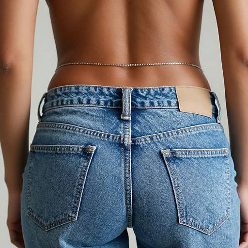 Photograph of a topless person with brown skin, wearing blue denim jeans with back pockets, a silver chain belt, and a tan leather patch,