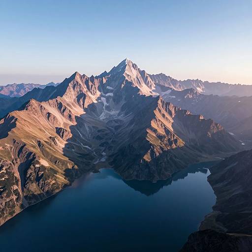 Photograph of a rugged mountain range with sunlit peaks, dark shadows, and a reflective blue lake at the base, under a clear, bright sky