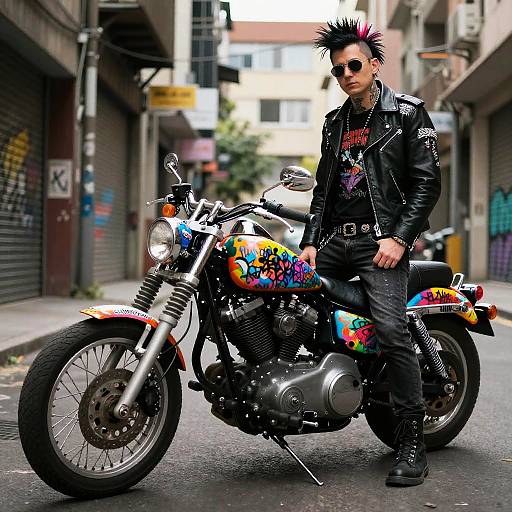 Punk Biker with Graffiti Motorcycle