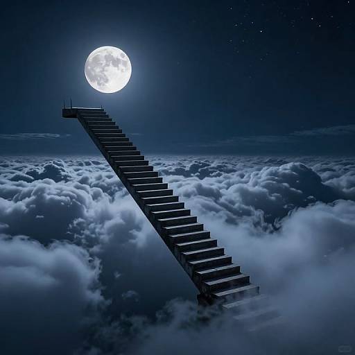 Digital art: A dark, infinite staircase ascends into a bright, full moon above a sea of fluffy clouds in a starry night sky.