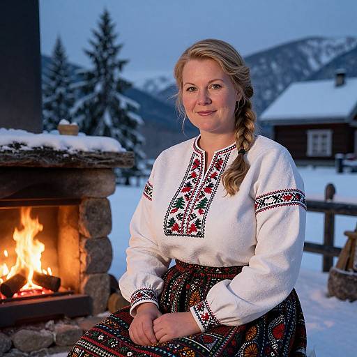 Blonde woman with braided hair in traditional white embroidered blouse and multicolored skirt, sitting by a lit fireplace in snowy, mountainous background.