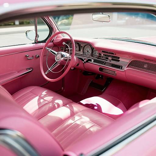 Photograph of a vintage car interior with vibrant pink leather seats, matching dashboard, and chrome accents, viewed through the driver's side window.