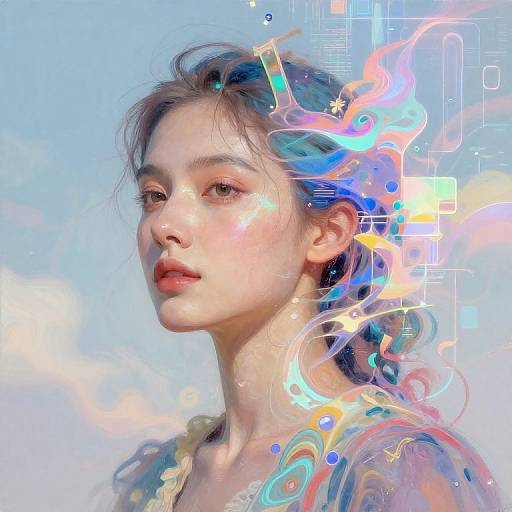 Digital portrait of a fair-skinned, young woman with soft features, blue sky background, colorful digital patterns and light effects, ethereal, futuristic style