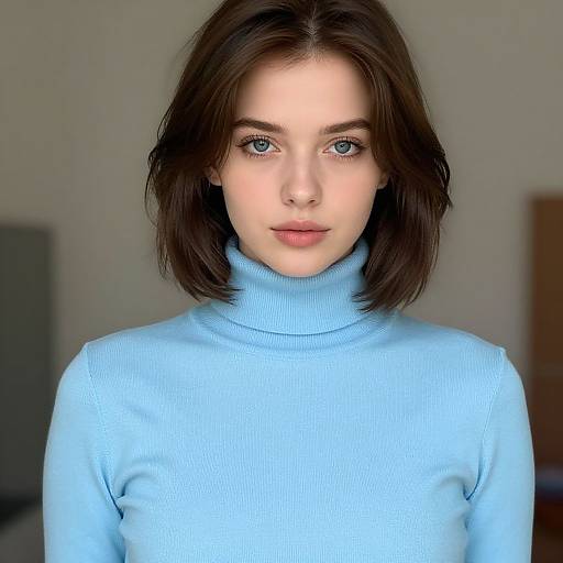 Photograph of a young woman with fair skin, blue eyes, and shoulder-length brown hair, wearing a light blue turtleneck sweater, looking directly