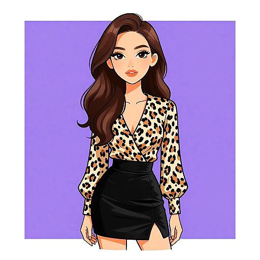 Digital illustration of a cute, fair-skinned woman with long brown hair, wearing a leopard print blouse and black skirt, against a purple background.