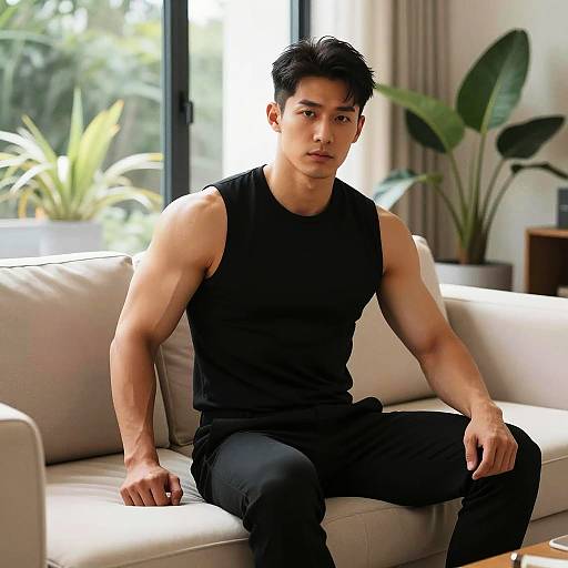 Muscular man sitting on modern sofa