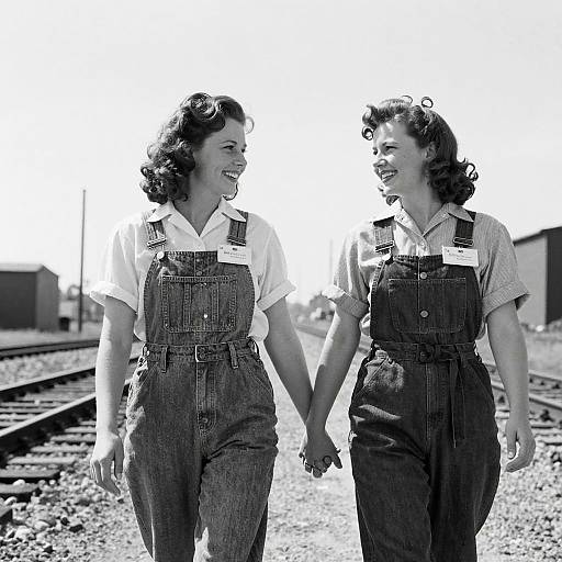 1940s Women in Overalls Holding Hands by Train Tracks