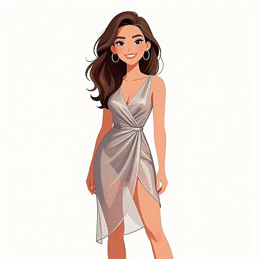 Digital illustration of a smiling, brown-haired woman in a silver, sleeveless, wrap-style dress with a high slit, wearing large hoop earrings, against