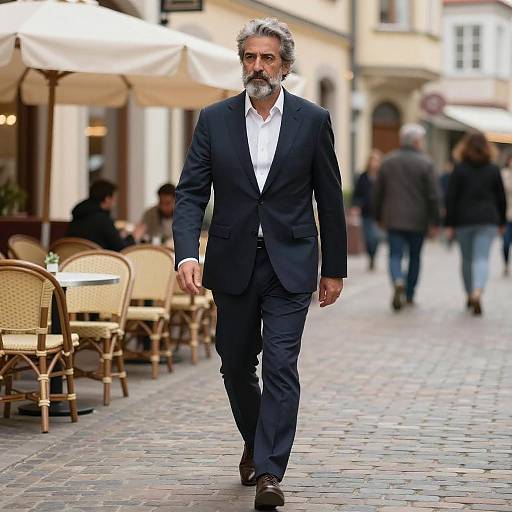 Middle-aged man walking on cobblestone street
