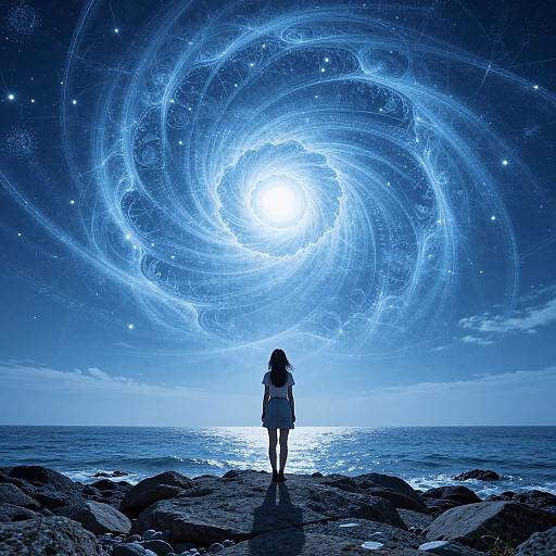 Digital artwork of a girl with long hair standing on rocky shore, facing a glowing, swirling blue celestial vortex over the ocean.
