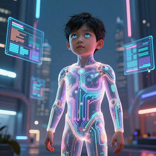 CGI image of a young boy with glowing neon cybernetic suit, blue eyes, black hair, in a futuristic cityscape with holographic displays