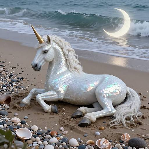 Photograph of a shimmering, silver unicorn with a spiraled horn, lying on a beach with pebbles and seashells, beside a