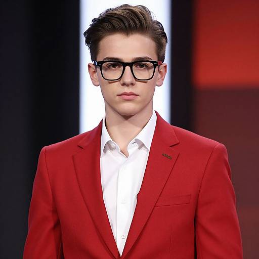 Photograph of a young, fair-skinned man with slicked brown hair, black-framed glasses, and a red suit over a white shirt,