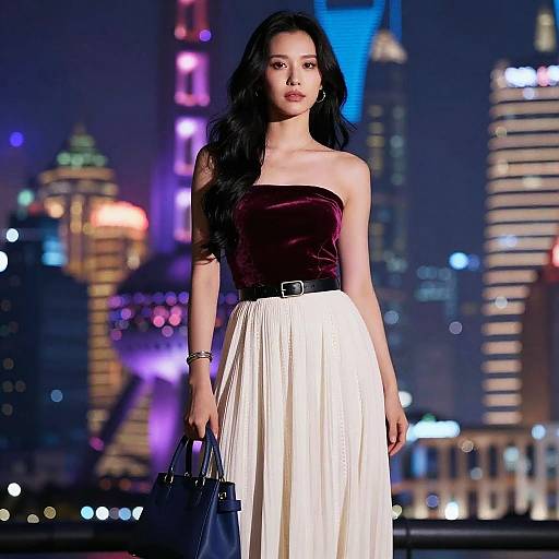 Photograph of an Asian woman with long black hair, wearing a maroon velvet strapless top and white pleated skirt, holding a blue handbag