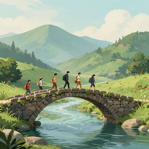 Digital illustration of five hikers crossing a stone arch bridge over a flowing river, surrounded by lush green hills and mountains under a bright blue sky.