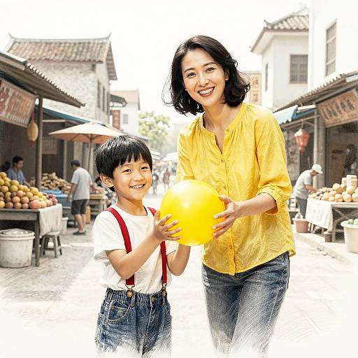 Photograph of a smiling Asian woman in a yellow blouse and blue jeans, holding a yellow balloon with a smiling Asian boy in red suspenders and white